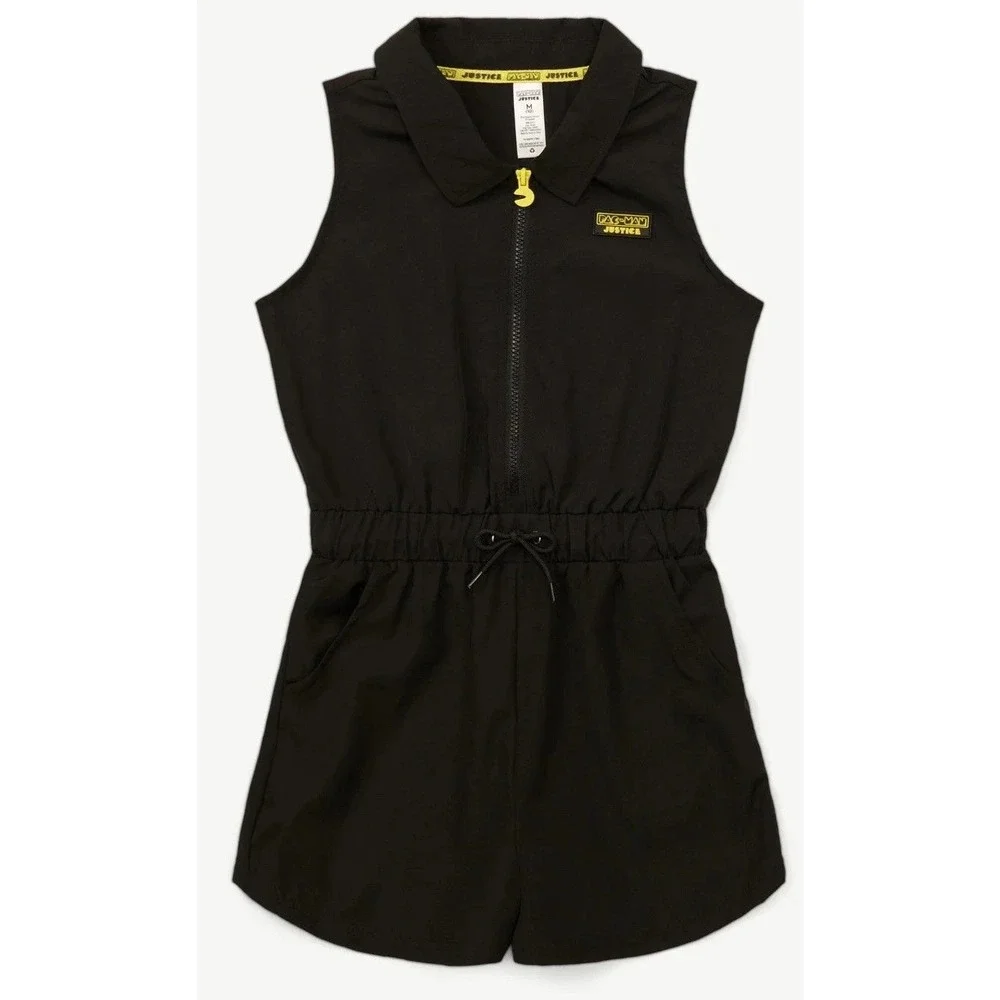 Justice Girls Black Pac Man‎ Zip Up Romper Jumpsuit Size L (12/14) /#2692